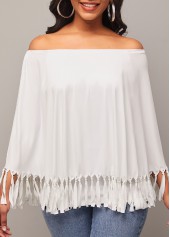 Off Shoulder White Layered Tassel T Shirt