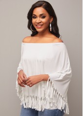 Off Shoulder White Layered Tassel T Shirt