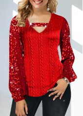 Red Cutout Sequin V Neck T Shirt