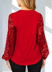 Red Cutout Sequin V Neck T Shirt