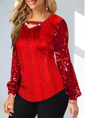Red Cutout Sequin V Neck T Shirt