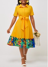 Yellow Short Sleeve Belted Turndown Collar Dress