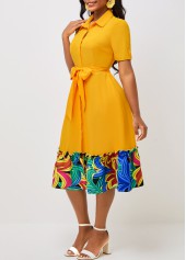 Yellow Short Sleeve Belted Turndown Collar Dress