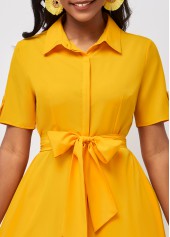 Yellow Short Sleeve Belted Turndown Collar Dress