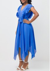 Blue Asymmetric Hem Belted V Neck Dress
