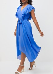 Blue Asymmetric Hem Belted V Neck Dress