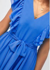Blue Asymmetric Hem Belted V Neck Dress