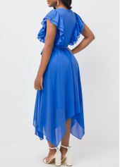 Blue Asymmetric Hem Belted V Neck Dress