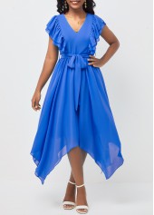 Blue Asymmetric Hem Belted V Neck Dress