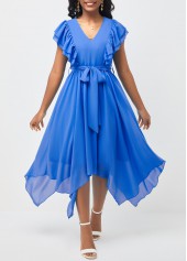 Blue Asymmetric Hem Belted V Neck Dress