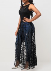 Black Mesh Stitching Sleeveless Round Neck T Shirt