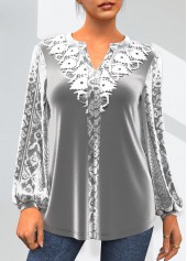 Velvet Stitching Lace Patchwork Grey T Shirt
