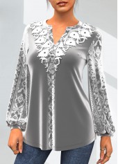 Velvet Stitching Lace Patchwork Grey T Shirt