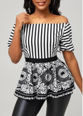 Black Striped Tribal Print Off Shoulder Blouse