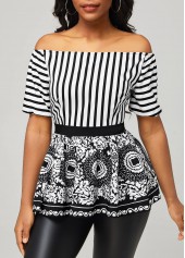 Black Striped Tribal Print Off Shoulder Blouse