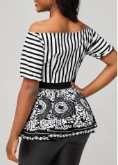Black Striped Tribal Print Off Shoulder Blouse