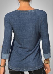 Denim Blue Decorative Button Round Neck T Shirt