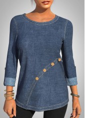 Denim Blue Decorative Button Round Neck T Shirt