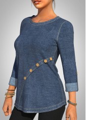 Denim Blue Decorative Button Round Neck T Shirt