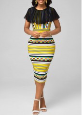 Striped Chiffon Panel Multi Color Bodycon Dress