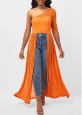 Fabric Stitching Skew Neck Orange Blouse