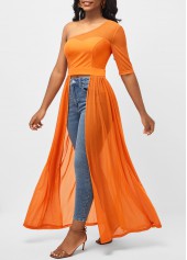 Fabric Stitching Skew Neck Orange Blouse