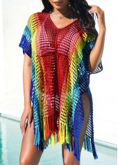 Rainbow Color Tassel Side Slit Cover Up