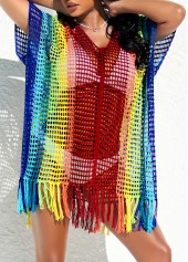 Rainbow Color Tassel Side Slit Cover Up