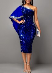 Skew Neck Royal Blue Sequin Dress