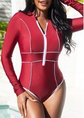 Wine Red Long Sleeve Quarter Zip One Piece Swimwear