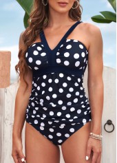 Navy Blue Polka Dot Low Waist Tankini Set