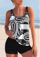 Black Paisley Print Double Straps Tankini Top-No Bottom