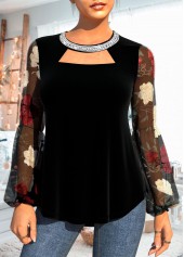 Valentines Embellished Neck Velvet Stitching Black T Shirt