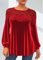 Red Valentines Lace Velvet Stitching Round Neck T Shirt