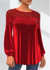 Red Valentines Lace Velvet Stitching Round Neck T Shirt