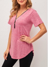 Tassel Detail Short Sleeve V Neck Pink T Shirt