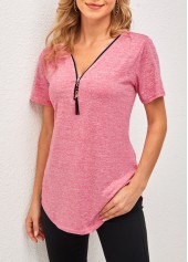 Tassel Detail Short Sleeve V Neck Pink T Shirt