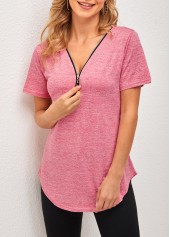 Tassel Detail Short Sleeve V Neck Pink T Shirt