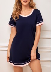 V Neck Navy Blue Contrast Stitch Nightdress