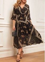 Black Chiffon Floral Print V Neck Dress