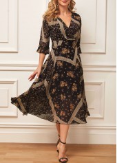 Black Chiffon Floral Print V Neck Dress
