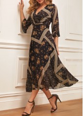 Black Chiffon Floral Print V Neck Dress