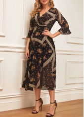 Black Chiffon Floral Print V Neck Dress