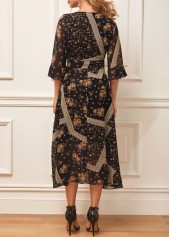 Black Chiffon Floral Print V Neck Dress