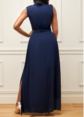 Chiffon Turndown Collar Belted Navy Blue Dress