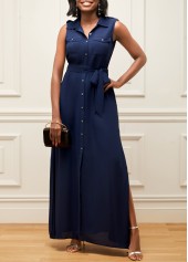 Chiffon Turndown Collar Belted Navy Blue Dress