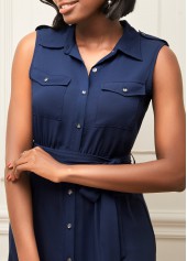 Chiffon Turndown Collar Belted Navy Blue Dress