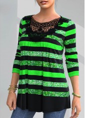 Patricks Day Lace Patchwork Striped Black T Shirt