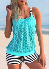 Lace Stitching Striped Cyan Tankini Set