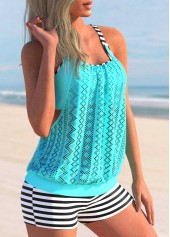 Lace Stitching Striped Cyan Tankini Set